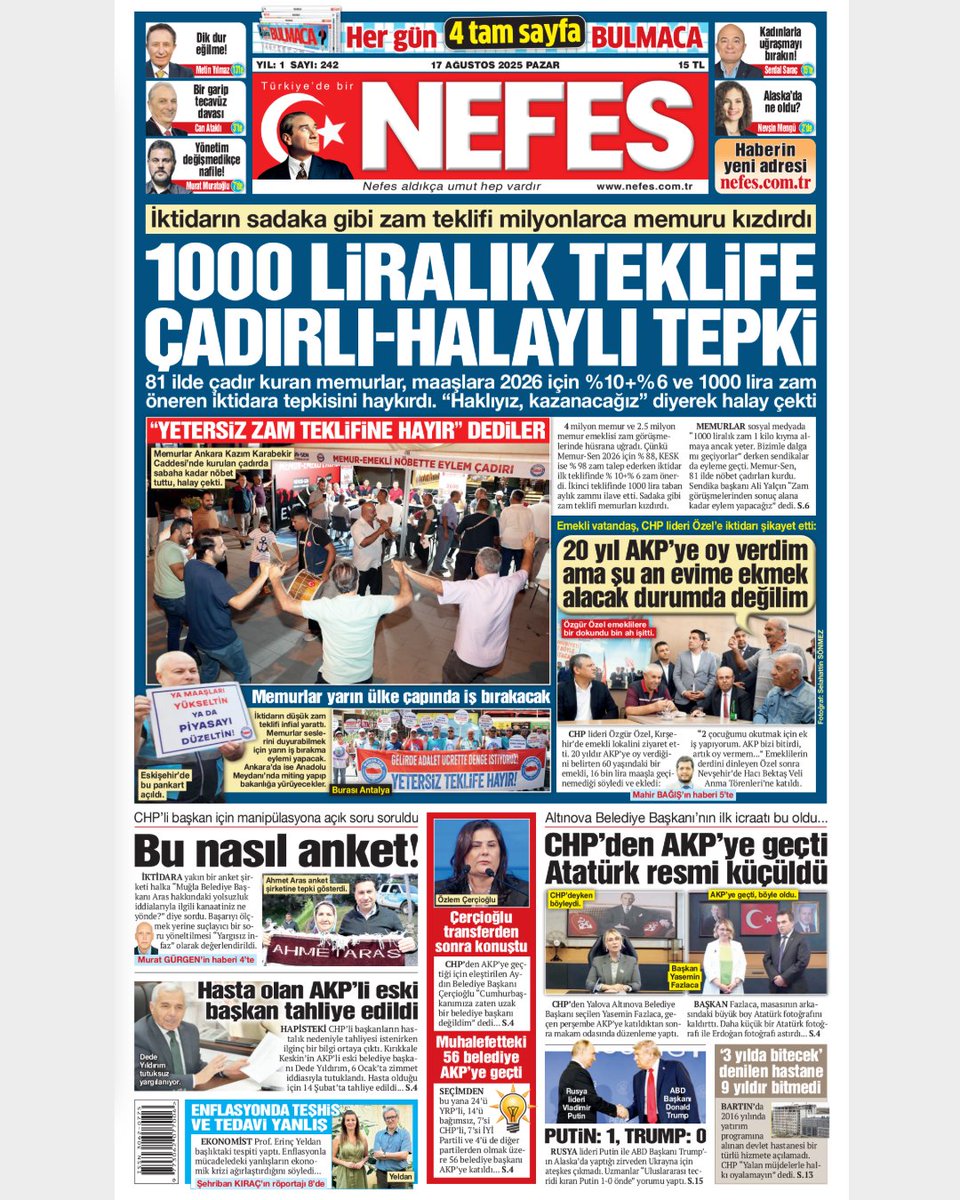 İktidarın sadaka gibi zam teklifi milyonlarca memuru kızdırdı

1000 LİRALIK TEKLİFE  ÇADIRLI-HALAYLI TEPKİ

81 ilde çadır kuran memurlar, maaşlara 2026 için %10+%6 ve 1000 lira zam öneren iktidara tepkisini haykırdı. “Haklıyız, kazanacağız” diyerek halay çekti