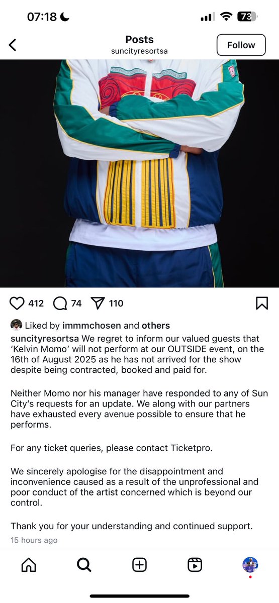 Very strong words used by Sun City Resorts about Kelvin Momo on this statement.