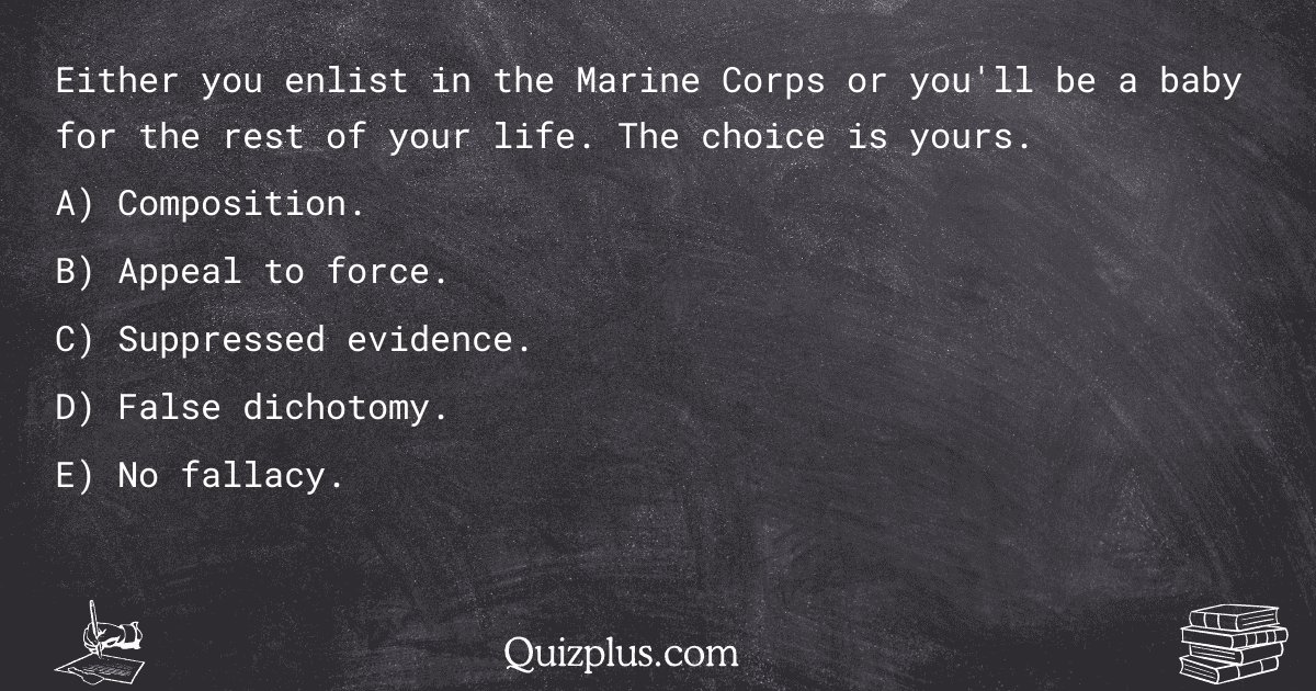 quizplus_exams's tweet image. Either you enlist in the Marine Corps or you&apos;ll be a baby for the rest of your life. The choice is yours.

Get Answer: 👉 quizplus.com/quiz/128576-qu…

#FinalExamHelp #DesignInstituteofSanDiego #college