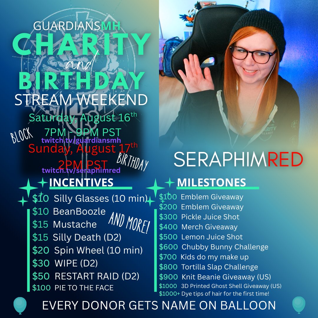 ONE HOUR FROM NOW!
Block with <a href="/GuardiansMH/">Guardians Mental Health</a> from 7PM-9PM PST
CHAOS RAID WITH THE HOMIES
BIRTHDAY STREAM TOMORROW!
twitch.tv/guardiansmh
tiltify -> tilt.fyi/BocscoBwDf
#Destiny2 #MentalHealthMatters #GuardiansMH #Charity <a href="/tiltify/">Tiltify</a>
