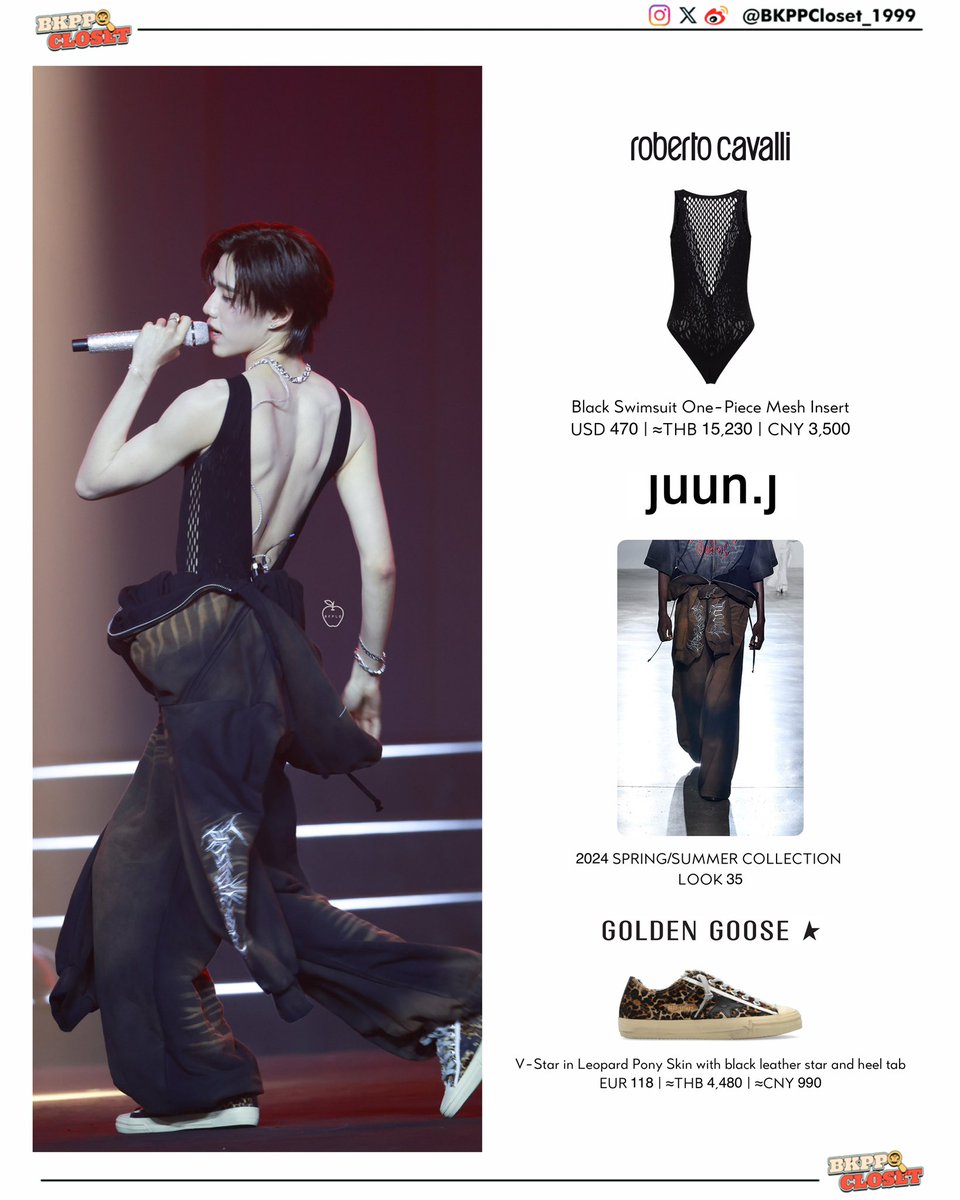 250816｜PP Krit - #WeiboCulturalNightXPPKrit PP KRIT LIGHTS UP WEIBO NIGHT ✨  #RobertoCavalli Black Swimsuit One-Piece Mesh Insert #JUUNJ 2024  SPRING/SUMMER COLLECTION LOOK 35 #GoldenGoose V-Star in Leopard Pony Skin  with black leather