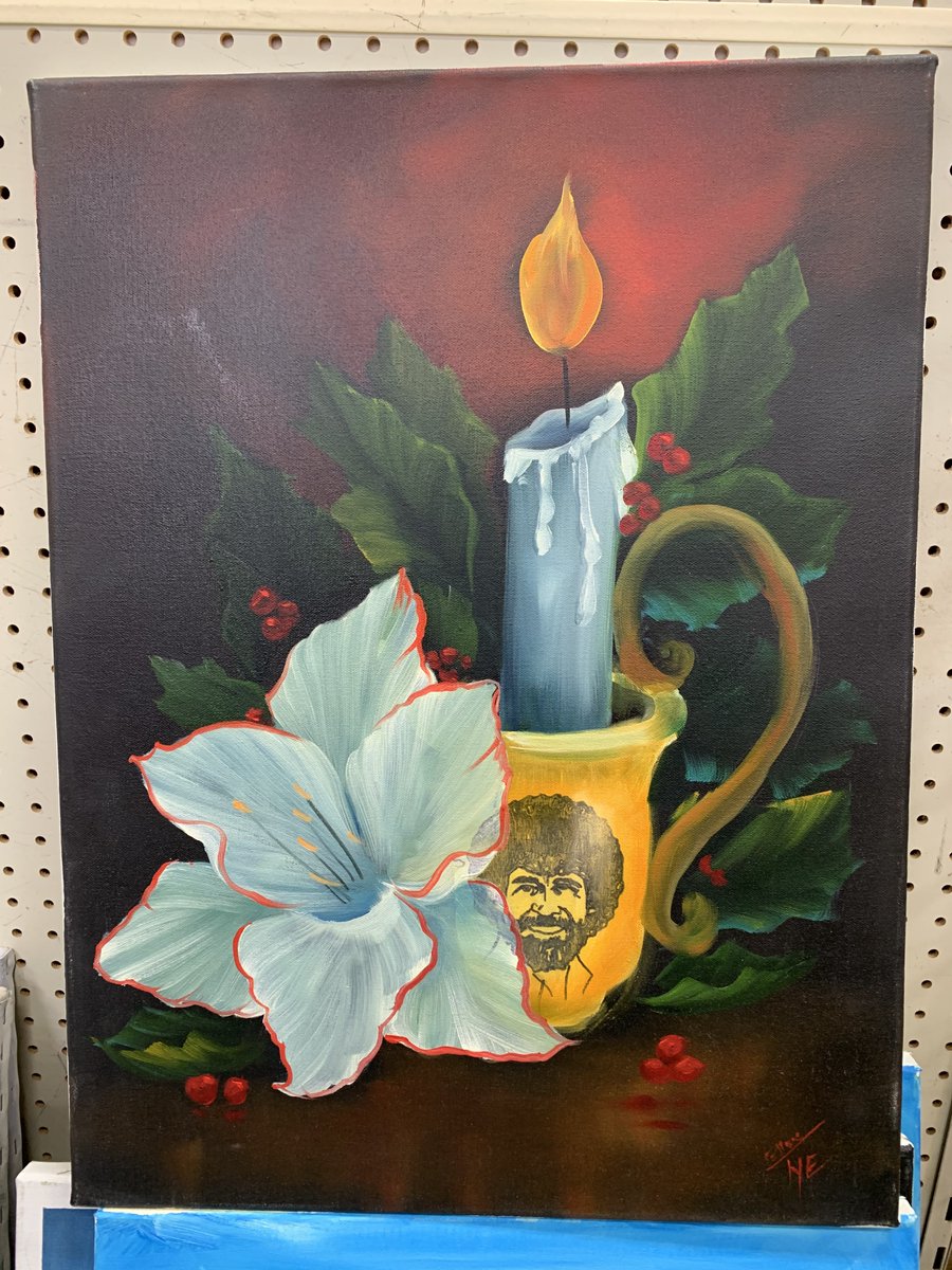 Original oil painting at thrift store. Bob Ross tribute. $3.99!  Just in time for the holiday season. Hang up now.