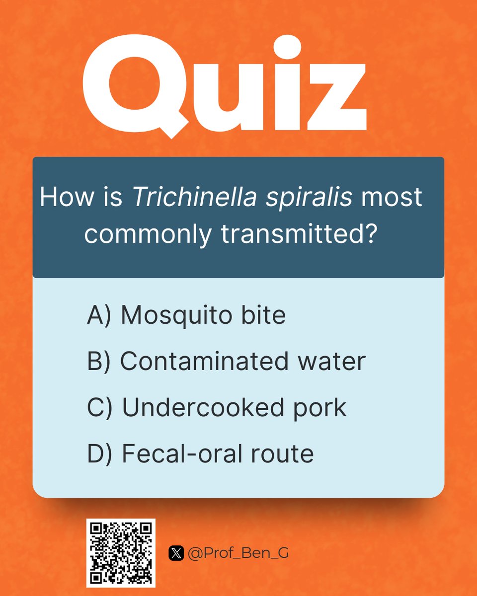 Prof_Ben_G's tweet image. Parasite Watch Quiz

Add your answers in the comments.
I will reveal the correct answer and explanation tomorrow!

#ParasiteWatch #Trichinella #FoodborneDiseases #Parasitology #GlobalHealth #NeglectedDiseases #InfectiousDiseases #SciComm