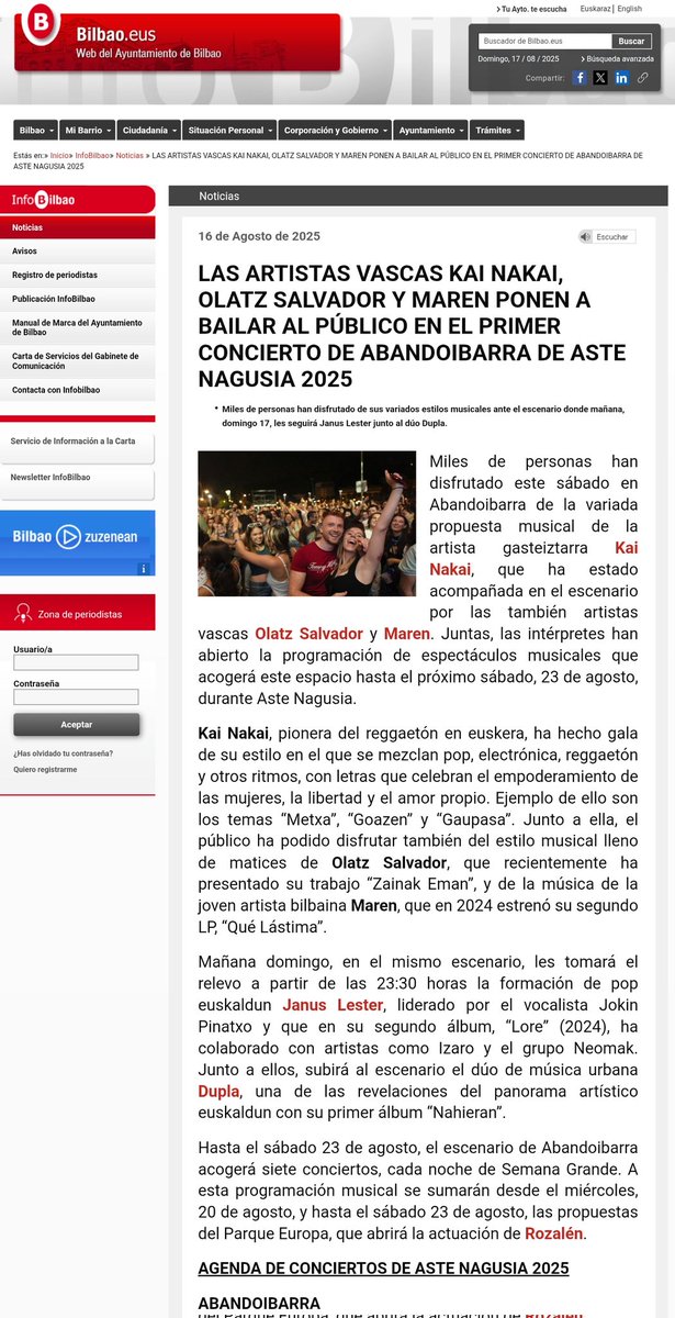 Suspenden el concierto de <a href="/kainakaimusic/">Kai Nakai</a>, Olatz Salvador y Maren, y al Ayuntamiento de Bilbao <a href="/bilbao_udala/">Bilbao [Udala - Ayuntamiento]</a> se le cuela en la web la crítica de un concierto que jamás se celebró.

#AsteNagusia2025