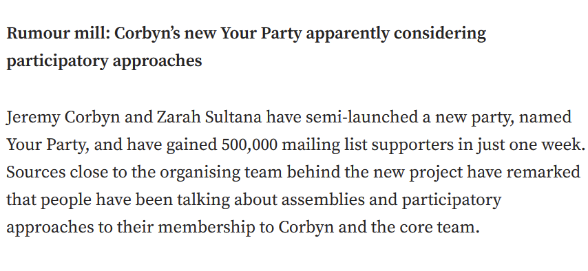 TegenVerkiezing's tweet photo. Former Labour Party and now independent MPs Jeremy Corbyn and Zarah Sultana announced a new left-wing party; possibly with bottom-up approach using within-party sortition. #SortitionUK
https://t.co/yvu1px880a
https://t.co/gUwPsj4Bp7 https://t.co/uqvluqFh7z
