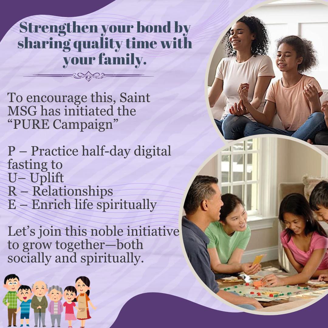 Archnainsan6's tweet photo. Take a break from your phone, reconnect with yourself &amp; your family, Through the #PURE campaign, Saint Dr MSG inspires us to spend half a day weekly without mobiles devoting time to meditation, service &amp; loved ones. 
That’s the true secret to happiness &amp; a balanced life! https://t.co/yH0y84fIsc