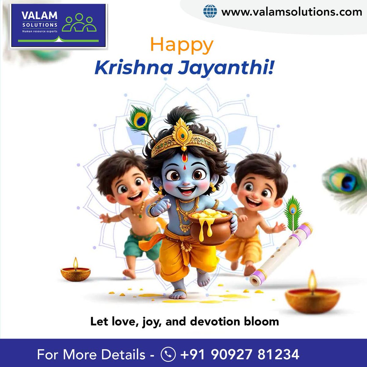 ValamSolutions's tweet photo. 🌼🪔 Happy Krishna Jayanthi 🪔🌼
May the blessings of Lord Krishna bring happiness and success to your life.
– Team Valam Solutions 💙
#KrishnaJayanthi #ValamSolutions #Blessings #Celebration https://t.co/02GkckQB1n
