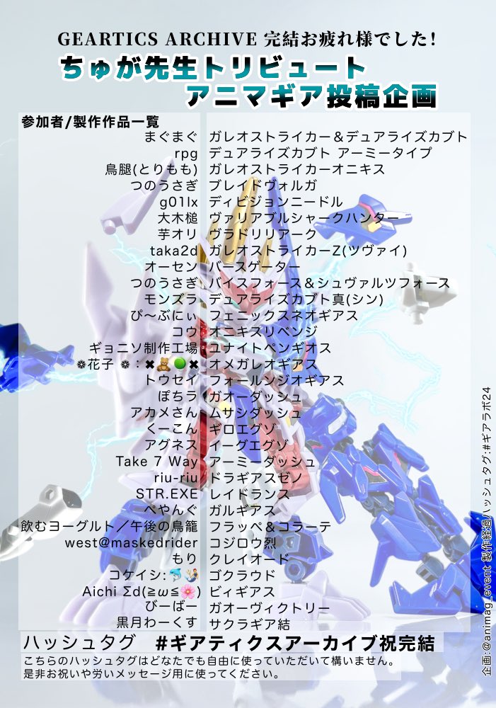 animag_event's tweet photo. #ギアティクスアーカイブ祝完結

ちゅが先生によるアニマギア本
『GEARTICS ARCHIVE』
シリーズ完結を祝して、ご覧のアニマギア ユーザーの方々に作品製作していただきました。
また、こちらのハッシュタグはどなたでもご自由に使って構いませんのでお祝いメッセージや思い出の作品を投稿下さい！⚙️ https://t.co/Twdn8iuBSt
