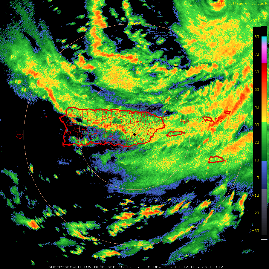 TemporadaCiclon's tweet image. #HuracanErin le da con una gran banda periférica a Puerto Rico.
#TemporadaCiclonica2025 #Erin