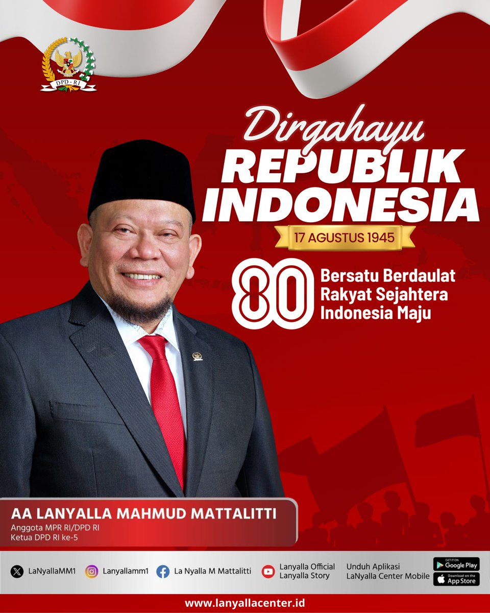 LaNyallaMM1's tweet image. Dirgahayu Republik Indonesia ke-80 🇲🇨
Mari kita lanjutkan perjuangan para pahlawan dengan menjaga persatuan, menguatkan persaudaraan, dan mengisi kemerdekaan dengan karya nyata untuk bangsa. 

#lanyalla #dpdri #jawatimur #Dirgahayu80NKRI #IndonesiaJaya