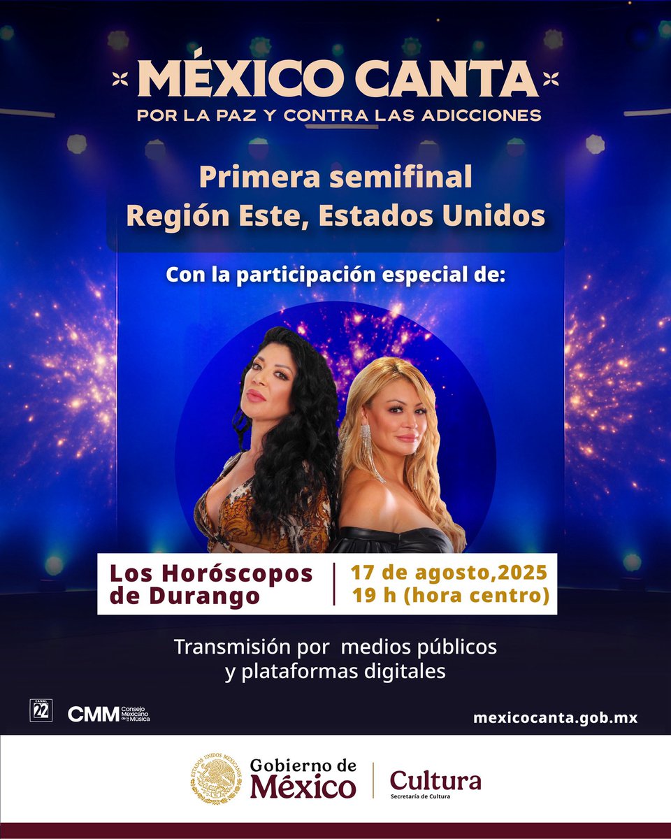 ¡No te pierdas #MéxicoCanta! Este domingo 17 de agosto a las 7
pm (hora del centro) arranca la primera transmisión con las y los
participantes de la Región Este de Estados Unidos. Sintoniza
la transmisión oficial por Canal 22  y en
<a href="/MexicoCanta_/">México Canta</a> 

#NuevaMúsicaMexicana