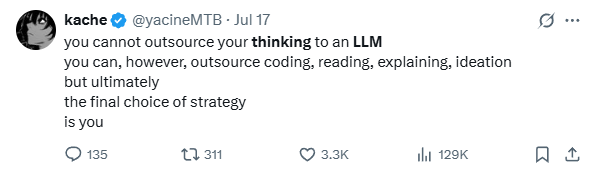 collinpress's tweet photo. Answered my own question here. It's because when i have this issue I'm trying to get the LLM to make a judgment. But like @yacineMTB said, the judgment is up to you. You cannot outsource your judgment to an LLM. It's a useful tool for a lot of other things, but not judgment https://t.co/iAcrLpfcab