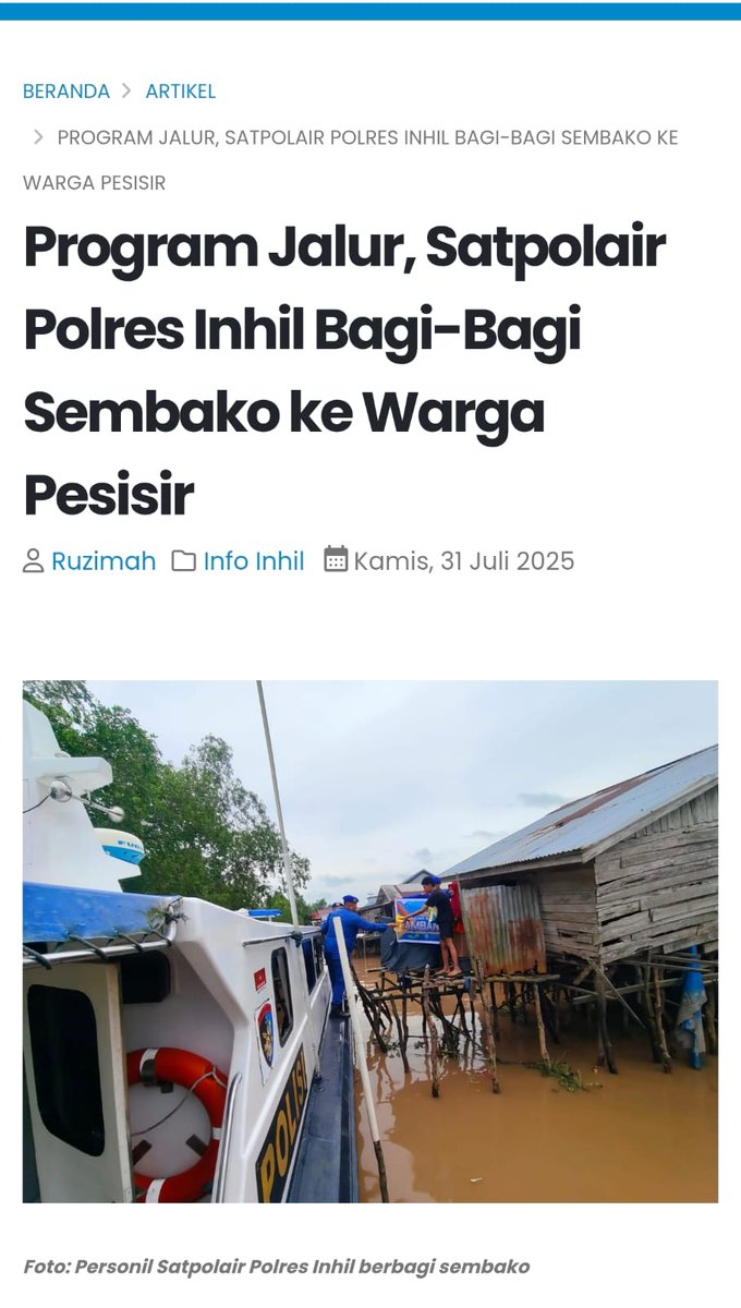 satpolair polres inhil lewat program jalur, berbagi sembako untuk kesejahteraan warga pesisir. bersama kita jaga solidaritas dan kebersamaan.

#HUTKemerdekaanIndonesia
Jaga Kesatuan Bangsa