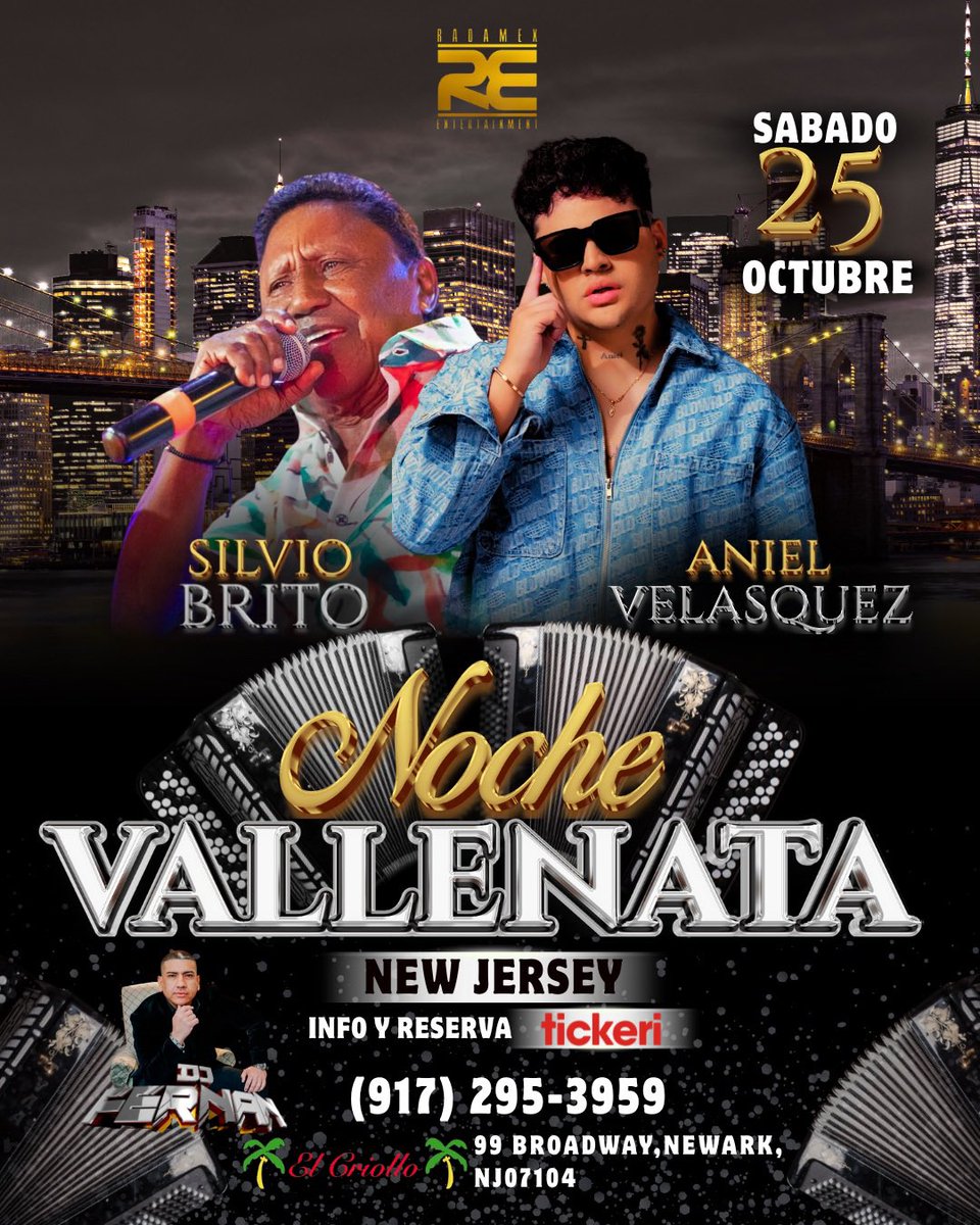 RADAMEX's tweet image. 🔥 ¡New Jersey… prepárate para la descarga vallenata más poderosa del año! 🔥
Este 25 de octubre, Silvio Brito y Aniel Velásquez llegan con todos sus éxitos para una noche de fiesta, romance y parranda!Reserva YA → (917) 295-3959
📍 El Criollo – 99 Broadway, Newark, NJ 07104