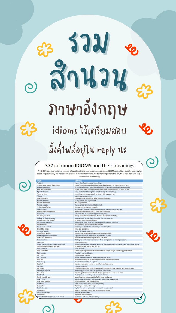 ✨ แนะนำเว็ป รวม idioms ที่เจอกันบ่อยๆจ้า

✨ มี 350+ idioms

✨มี ความหมาย ให้ อธิบายเป็นอังกฤษแต่จะสั้นๆ เข้าใจง่าย 

เอาไว้ใช้เตรียมสอบพวก A-level Eng, Tgat eng กับ พวกข้อสอบภาษาอังกฤษตัวอื่นๆ ได้น้าา 

#dek69
