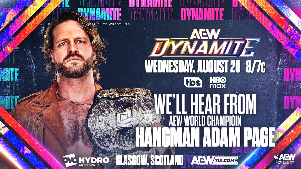 AEW's tweet photo. #AEWDynamite
8/7c on TBS + HBO Max
This Wednesday, 8/20!
The AEW World Champion baited @The_MJF into executing his Title Match contract for #ForbiddenDoor, but it enraged MJF into brutally attacking the champ in the Parking Lot.
We'll Hear From Hangman Page, THIS WEDNESDAY! https://t.co/NC0eHwqWAB