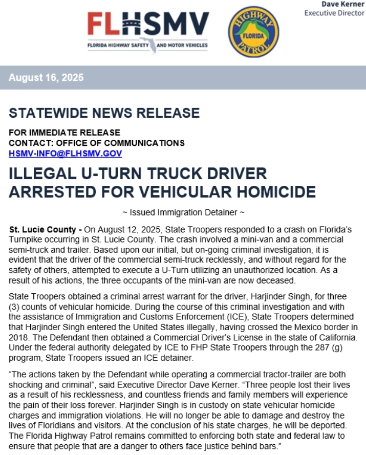 Truck Driver From "California" Now Confirmed To Be An Illegal Alien.  Florida Makes First Arrest in CDL Crisis!

"State Troopers determined that Harjinder Singh entered the United States illegally, having crossed the Mexico border in 2018. The Defendant then obtained a