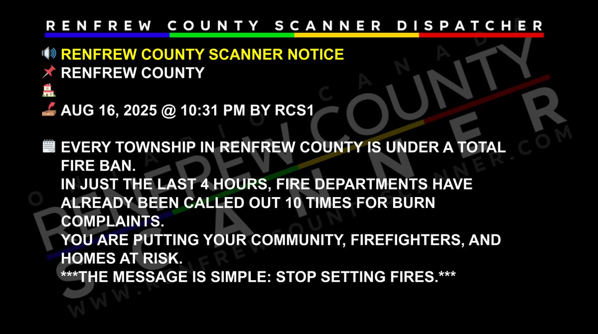 RENFREW COUNTY SCANNER NOTICE

🔴 See news happening? Share your photos and videos: rcsupload.cc/cba5v 🔴