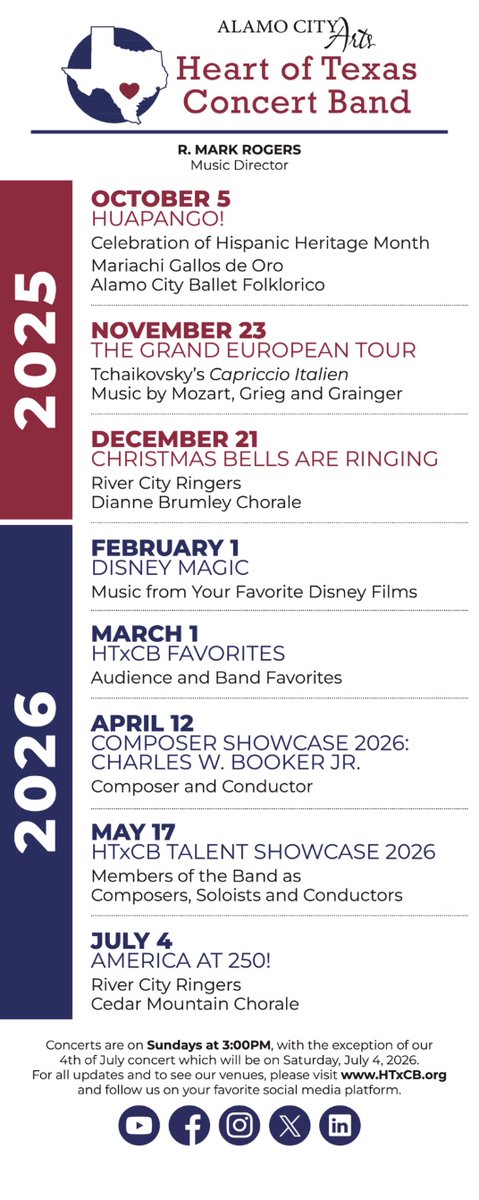 htxcb's tweet image. YOU can make a difference-donate to HTxCB during the Big Give 2025-Wed Sept. 17,  6PM to Thurs Sept. 18,  6PM

The Heart of Texas Concert Band Announces their 17th Season!

Oct 5
Huapango!
Hispanic Heritage

Nov 23
Grand European Tour

Dec 21
Christmas

heartoftexasconcertband.org