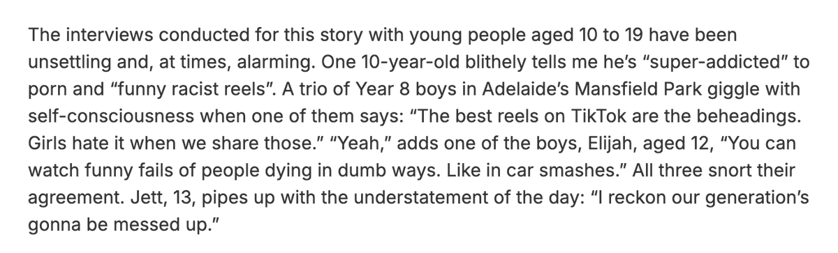 Jonathan Haidt (@jonhaidt) on Twitter photo There's a major essay on what teens think about social media, in <a href="/TheAustralian/">Australian</a>. Its so important that they took down the paywall for a while:
theaustralian.com.au/weekend-austra…
So many powerful quotes, this one stunned me: There's a major essay on what teens think about social media, in <a href="/TheAustralian/">Australian</a>. Its so important that they took down the paywall for a while:
theaustralian.com.au/weekend-austra…
So many powerful quotes, this one stunned me: