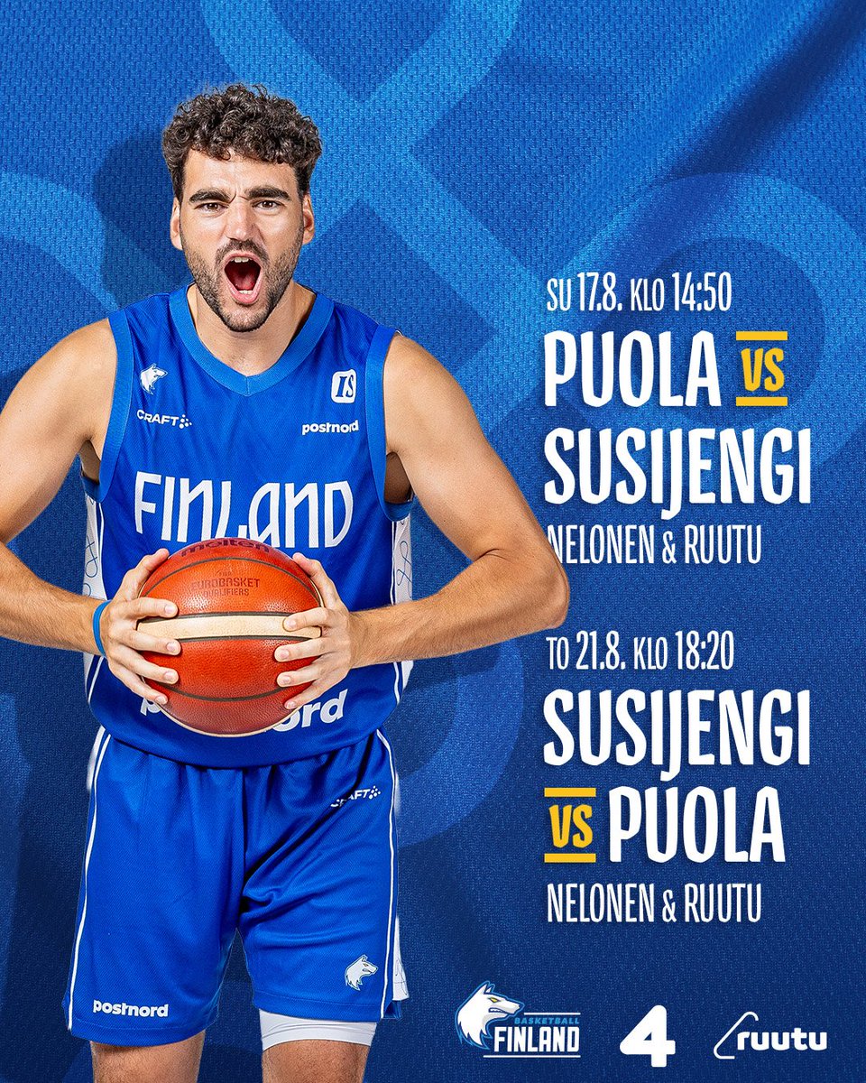 AUUU 🐺🏀

Susijengin valmistavat maaottelut kohti EM-kotikisoja huipentuvat kahdella matsilla Puolaa vastaan 🇫🇮🇵🇱

Eka osa tänään Sosnowiecissä ja suora lähetys käynnistyy Kristian Palotien selostamana Ruudussa ja Nelosella klo 14:50!

#Susijengi #EuroBasket #koripallo #koris