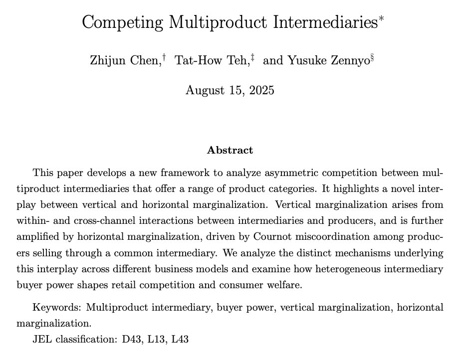 xyzennyo's tweet photo. New working paper out now with my excellent coauthors Zhijun Chen and Tat-How Teh: 

“Competing Multiproduct Intermediaries”

Full text: https://t.co/NmL1jc2rq9 https://t.co/HouPk0U4Df