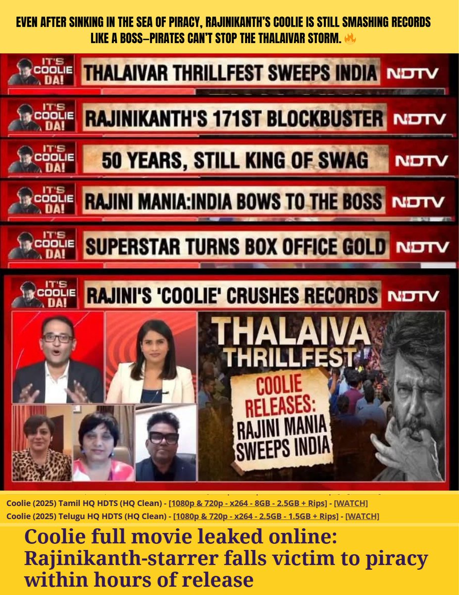 Thalaivar doesn’t just fight villains, he fights piracy too and still walks out breaking records. 💪💥

One man, one movie, endless records — Rajinikanth 171

#CoolieBlockbuster