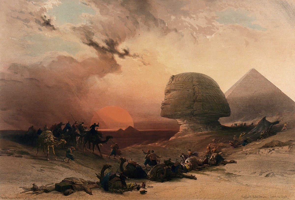 NotBadry's tweet photo. We take for granted how insane our world is and how much it resembles the fantasy we write (it's the other way around ofc).

Only through the eyes of people from the past do we get to fully experience this awe.

These paintings of the Sphinx from the 1800s are a perfect example. https://t.co/I6C7tIaery