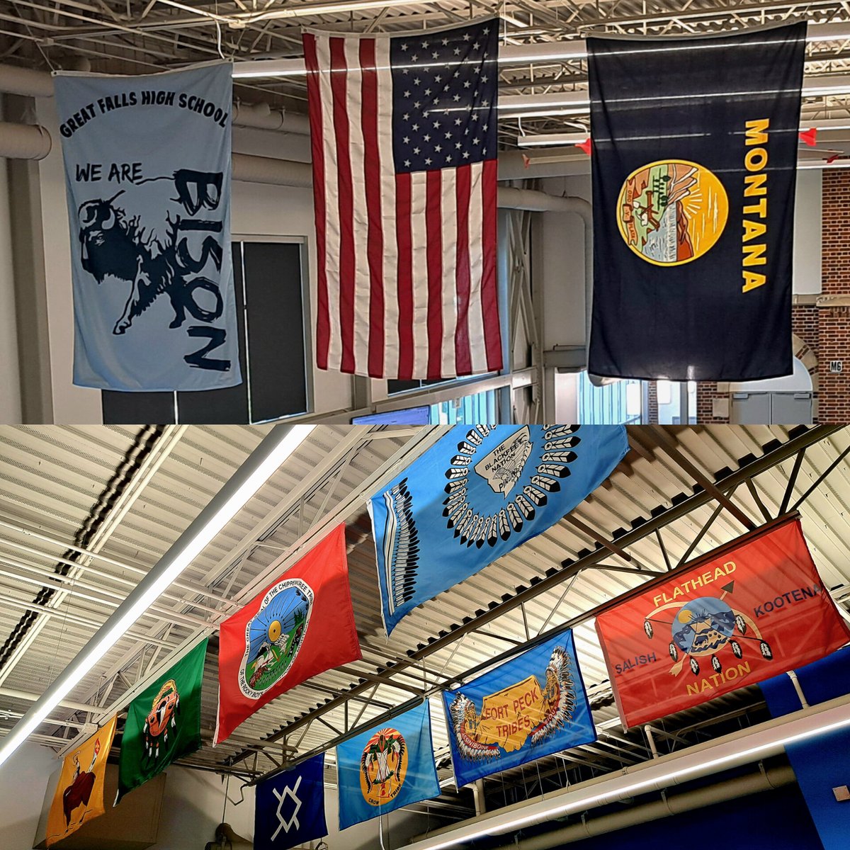 Instituto en Great Falls, Montana. Bandera nacional, del Estado y de las Naciones Nativas. 
#USA