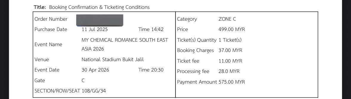 ayminglee's tweet photo. [RT PLEASE] WTS My Chemical Romance in KL Day 1. Zone C. Section 108 GG34. Price 575 (include processing fee &amp; tax). DM me if you are interested.

Reason: going with my friends on Day 2 instead of alone in Day 1 https://t.co/KkJvzLsyAc