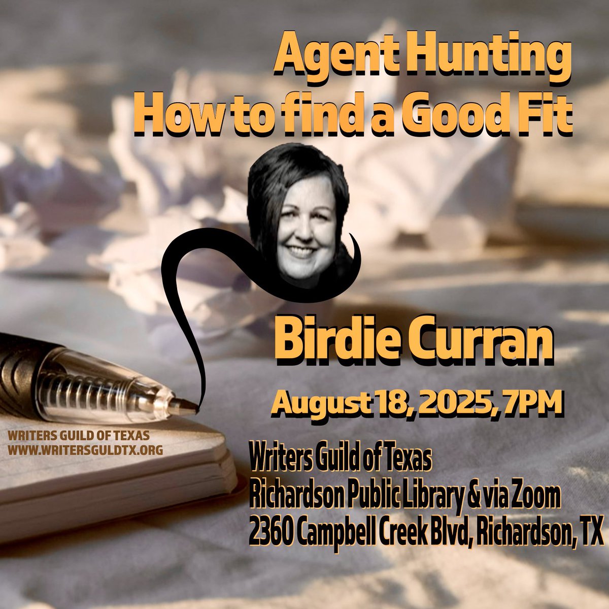 WWarnerWrites's tweet photo. Writers Guild of Texas   https://t.co/uhKkassxQe

BIRDIE CURRAN
AGENT HUNTING 
HOW TO FIND A GOOD FIT

August 18, 2025 at 7PM
Richardson Public Library
2360 Campbell Creek Boulevard
Richardson, TX

Register here for Zoom. https://t.co/rJgfDTYN55
A link will be sent to you. https://t.co/eLHBk4WLpo