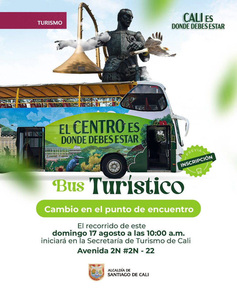 📢 Atención🚍✨
Les informamos que para el recorrido del Bus Turístico de mañana, domingo 17 de agosto a las 10:00 a.m., el punto de partida ha cambiado.

👉 Nuevo lugar de salida: Secretaría de Turismo de Cali
📍 Avenida 2N #2N–22

#CaliEsDondeDebesEstar
#Turismo
#AlcaldíaDeCali