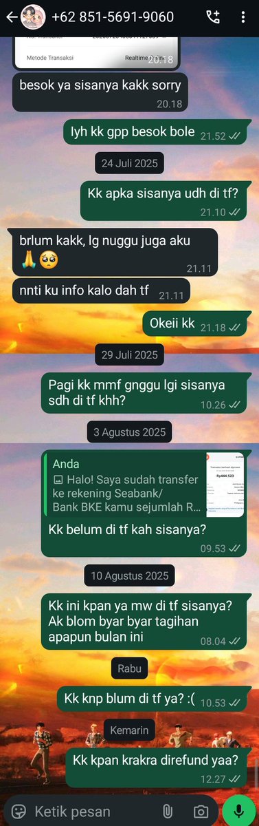 RosInPiece's tweet image. @iannStoree @caspiannn666 @winterjly @iannTicket 

Siang kk tolong kasih kepastian kapan bisa direfund, bulan kemarin aku telat bayar tagihan dan aku belum bayar beberapa tagihan bulan ini karena uangku masih ditahan kk🙏🏻

#ZonaUang #ZonaJajan #ZonaBA #ZonaBU