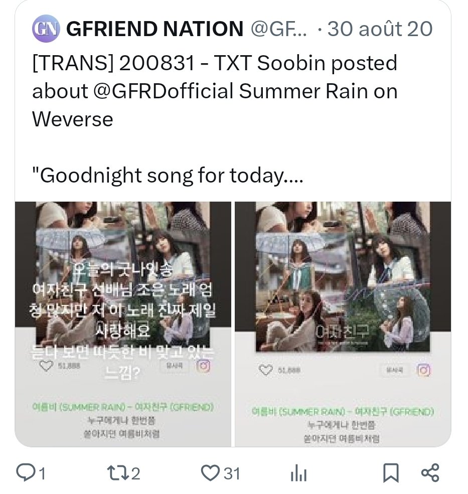 thinktxtfrd's tweet photo. @biannepanda oh just in case he said that it is his fav song from gfriend and that u can hear the warm rain through it as in its comforting !!! https://t.co/hcDcQCivii