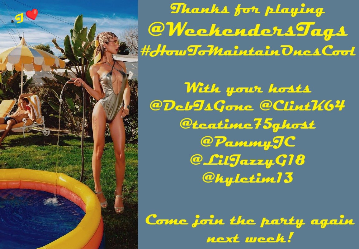 WeekendersTags's tweet photo. Thanks for playing @WeekendersTags
#HowToMaintainOnesCool!
@DebIsGone & @ClintK64 thank our Cool Like The Other Side Of The Pillow Guests, @teatime75ghost @kyletim13 @PammyJC & @LilJazzyG18, for bringing their chic to the evening!
Come join the party again next week! Iβ€οΈ
1/6 https://t.co/m0FnLZVavh