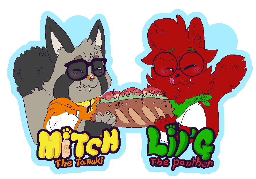 Badges for me and <a href="/MitchTanuki/">Mitch Tanuki</a> for #furrydelpia 2025

#macrofurry #furryartwork