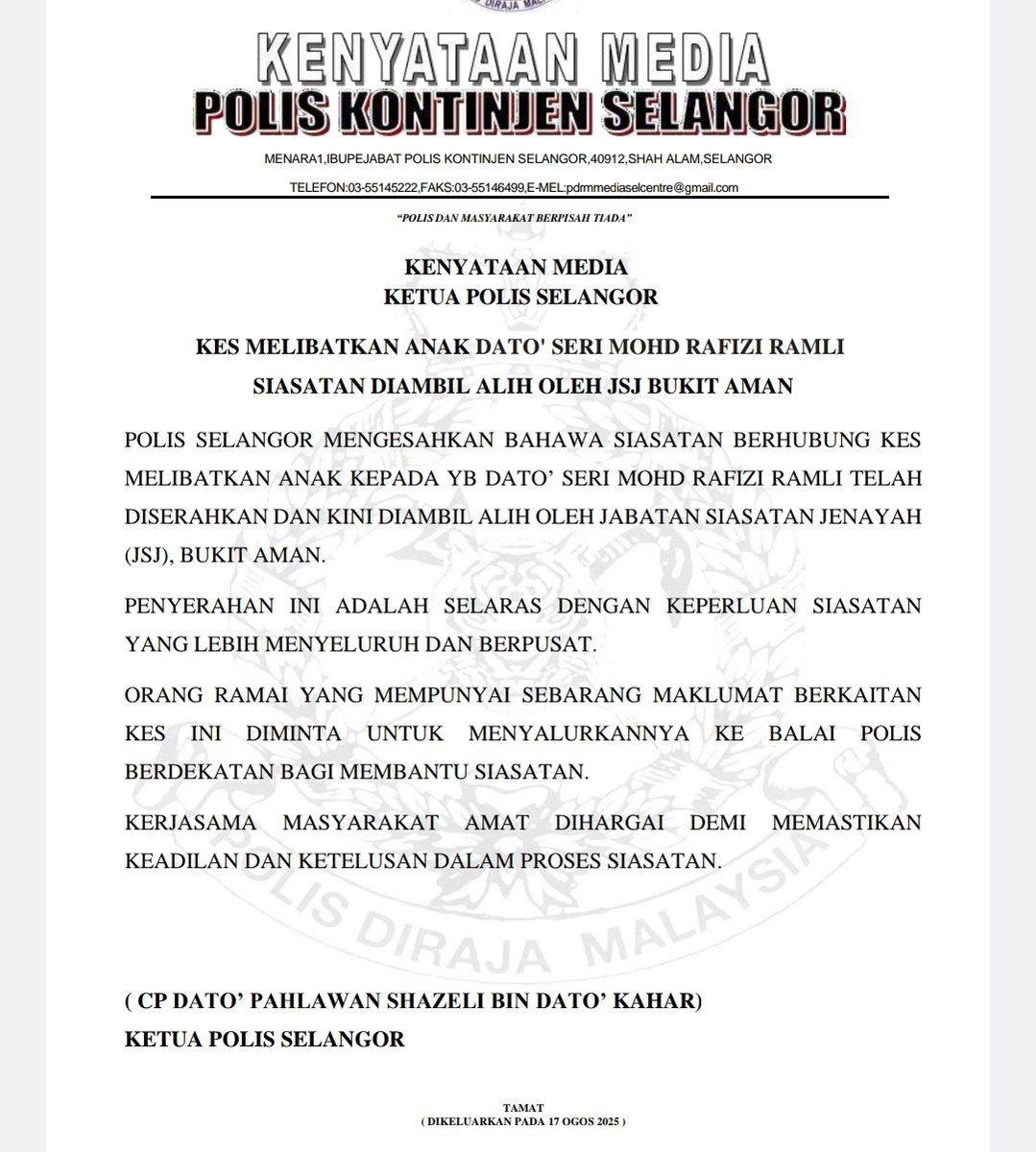 UPDATE KES SERANGAN ANAK YB RAFIZI RAMLI

Siasatan kes kini diambil alih oleh Jabatan Siasatan Jenayah Bukit Aman.

Menurut Ketua Polis Selangor Datuk Shazeli Kahar, ia selaras keperluan siasatan yg lebih menyeluruh dan berpusat.