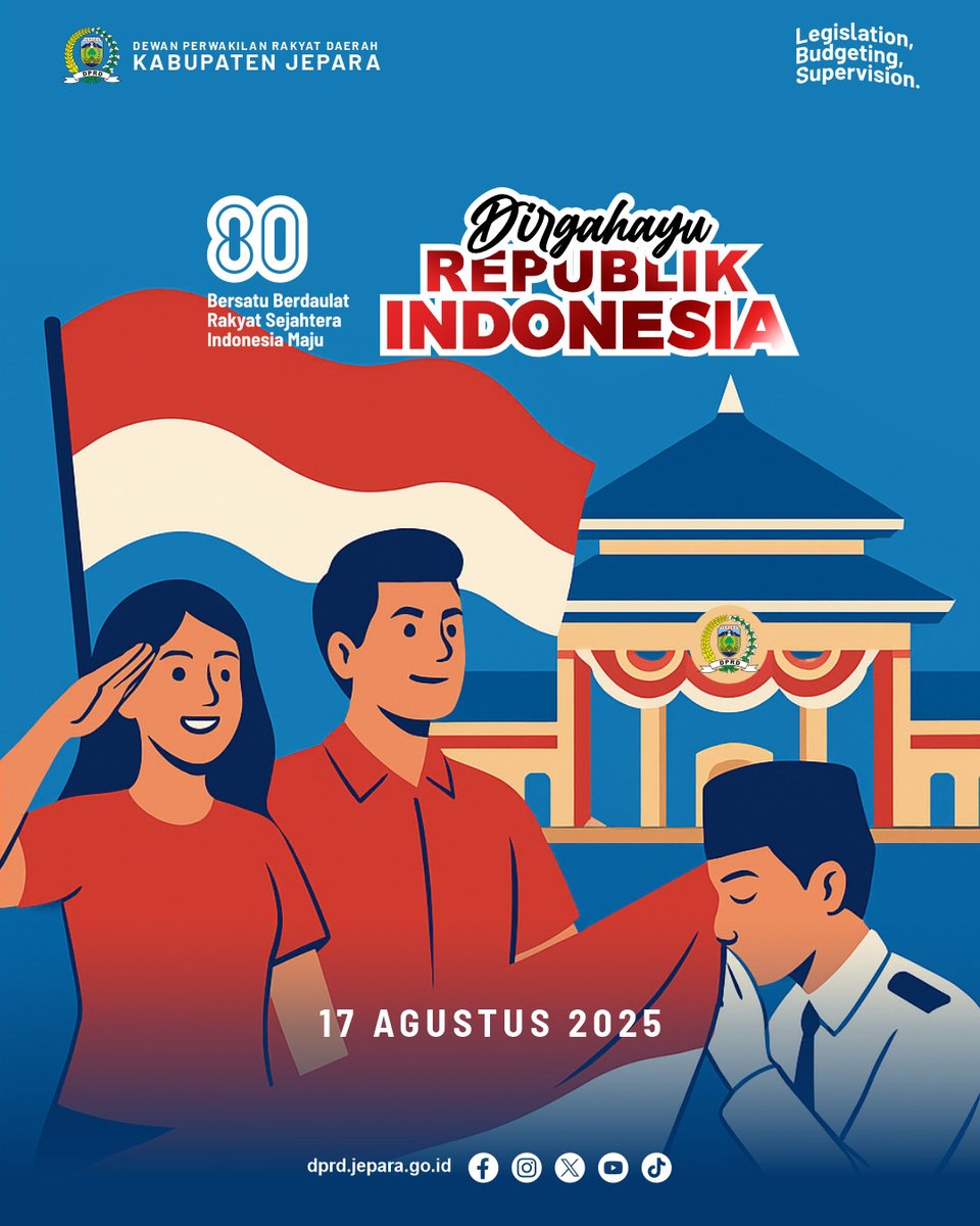 MERDEKA! 🇮🇩

Mari kita isi kemerdekaan dengan karya, semangat, &amp; prestasi. Karena merdeka sejati adalah berjuang setiap hari.

Pimp &amp; Anggota DPRD Jepara, mengucapkan Selamat HUT ke-80 Kemerdekaan RI

Bersatu Berdaulat, Rakyat Sejahtera, Indonesia Maju!

#dprdjepara
#grafikara