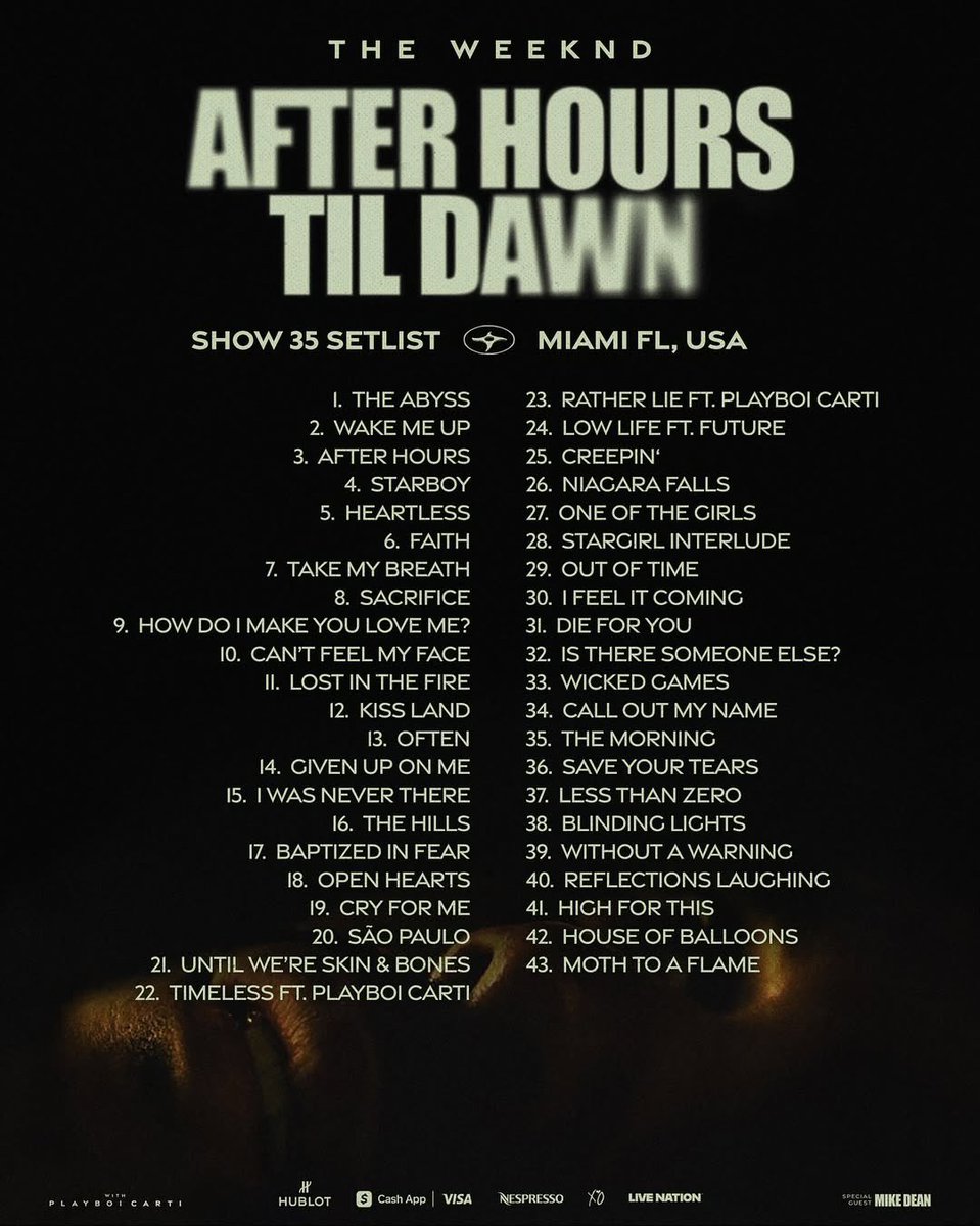 The Weeknd’s After Hours Til Dawn Tour 2025 Setlist
📍Hard Rock Stadium, Miami, Florida, Night 2 

#AfterHoursTilDawnTour