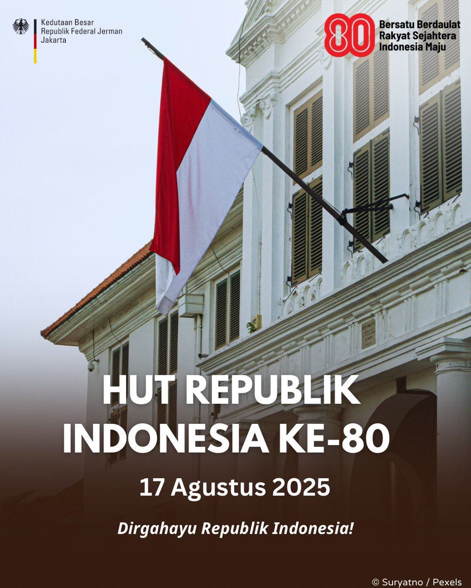 Selamat Hari Kemerdekaan ke-80 🇮🇩.
Indonesia adalah mitra yang luar biasa bagi Jerman &amp; Eropa. Semoga perjalanan panjang ini terus membawa Indonesia menuju kemajuan, kesejahteraan, dan demokrasi yang semakin maju. Panjang umur kolaborasi dan persahabatan 🇩🇪🤝🇮🇩. #Dirgahayu80NKRI