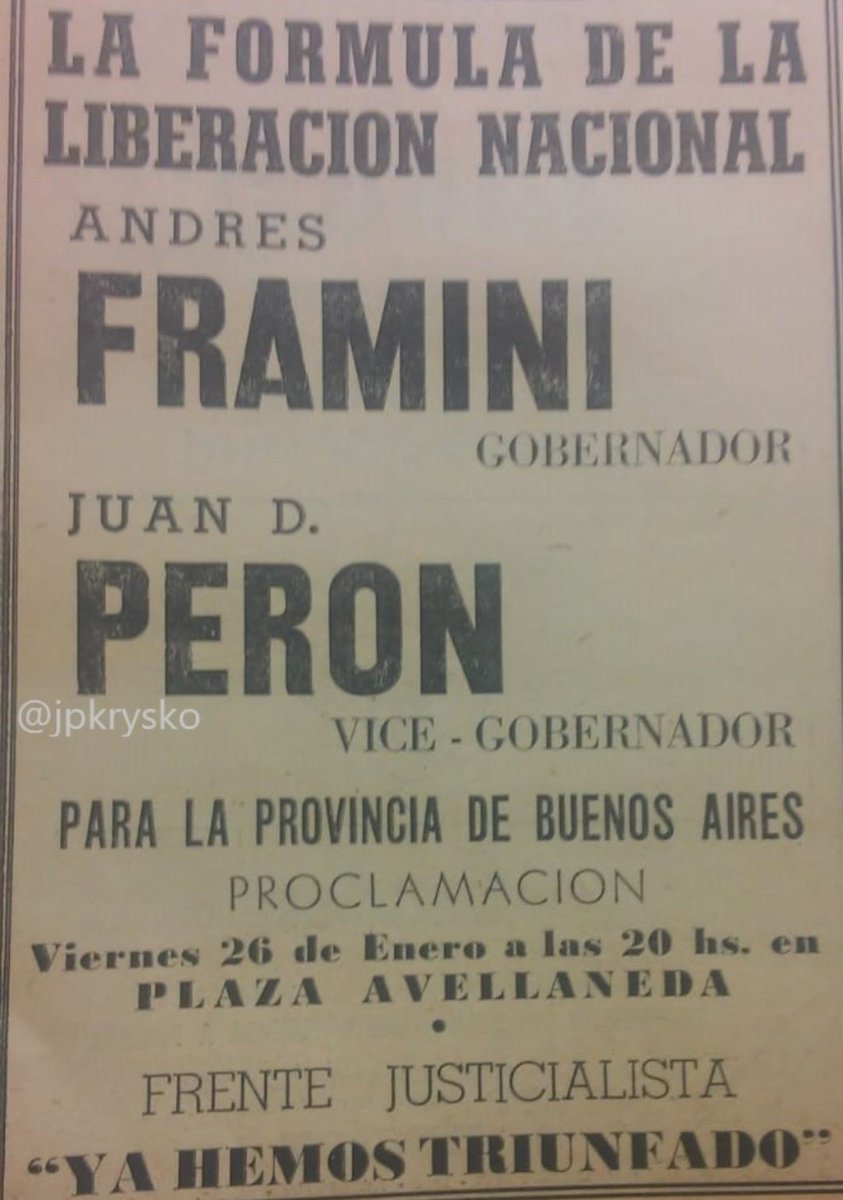Cierre de listas memorable. 29 de enero de 1962, 23 30, los apoderados del laborismo y Unión Popular formalizaban en La Plata las candidaturas de Andrés Framini a gobernador y Juan Domingo Perón a la vicegobernación de Buenos Aires. Obviamente fueron vetadas.Un abismo al presente