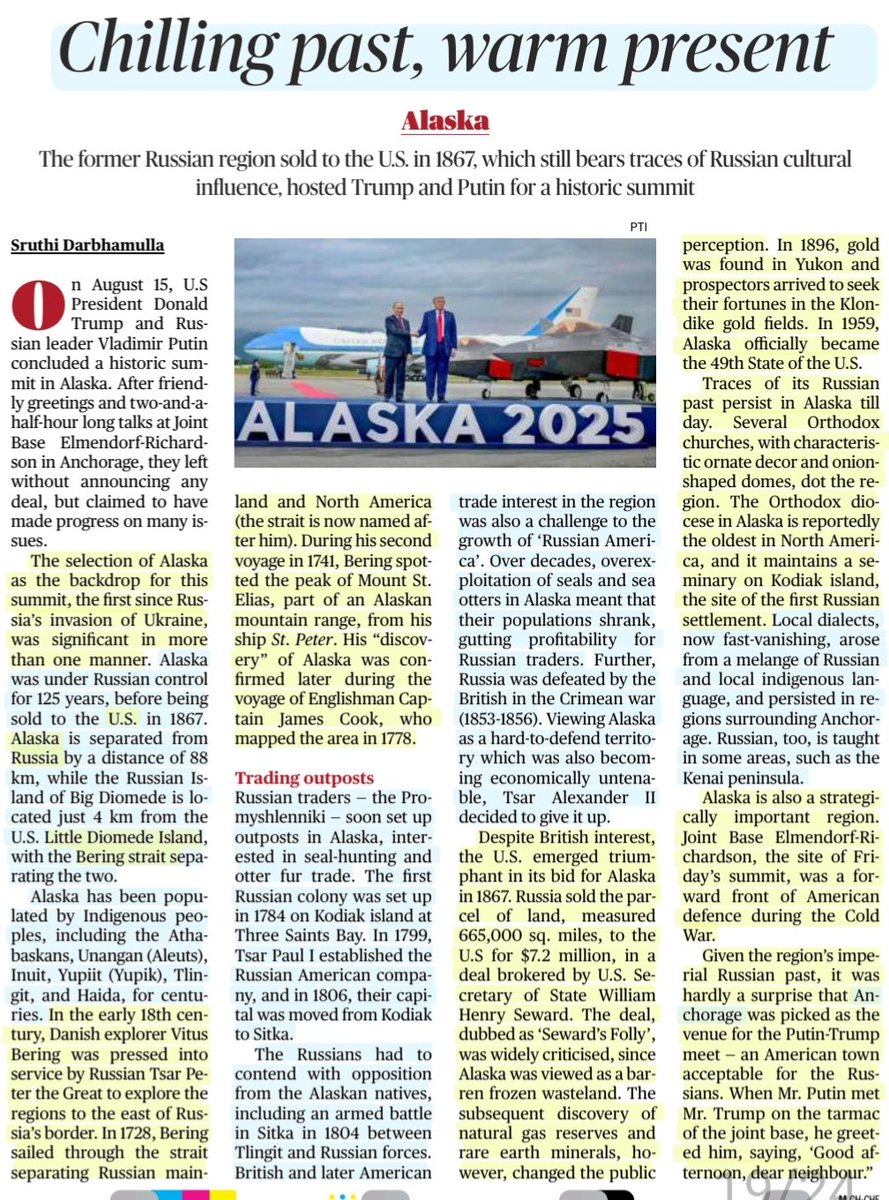 imRavikantYadav's tweet photo. #Alaska
Chilling past, warm present
:An informative article by Ms Sruthi Darbhamulla
@S1Darbha
#Russia #USA #AlaskaPurchase
#WilliamSeward
#RussianAmerica
#Aleuts #native #Alaskans
#seaotter #Fur
#GOLD #oilandgas
#Russian #culture
#AlaskaMeeting
#History
#UPSC
Source:TH https://t.co/M0HMD7Sb0x