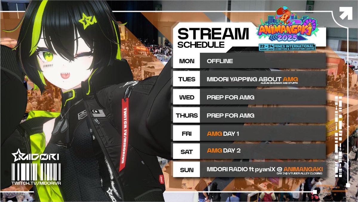 [AMG WEEK SCHEDULE IS HERE] 

Catch me at AMG VTuber Alley! Merch and album available, plus Midori Radio goes IRL on Day 3 as the VTuber Alley Closing DJ set. 

LIVE @  twitch.tv/midorivr (Tuesday)

#DoriLive 
#DoriRadio 
#VRDJ 
#TwitchDJ 
#ENVtuber 
#MalaysianVtuber