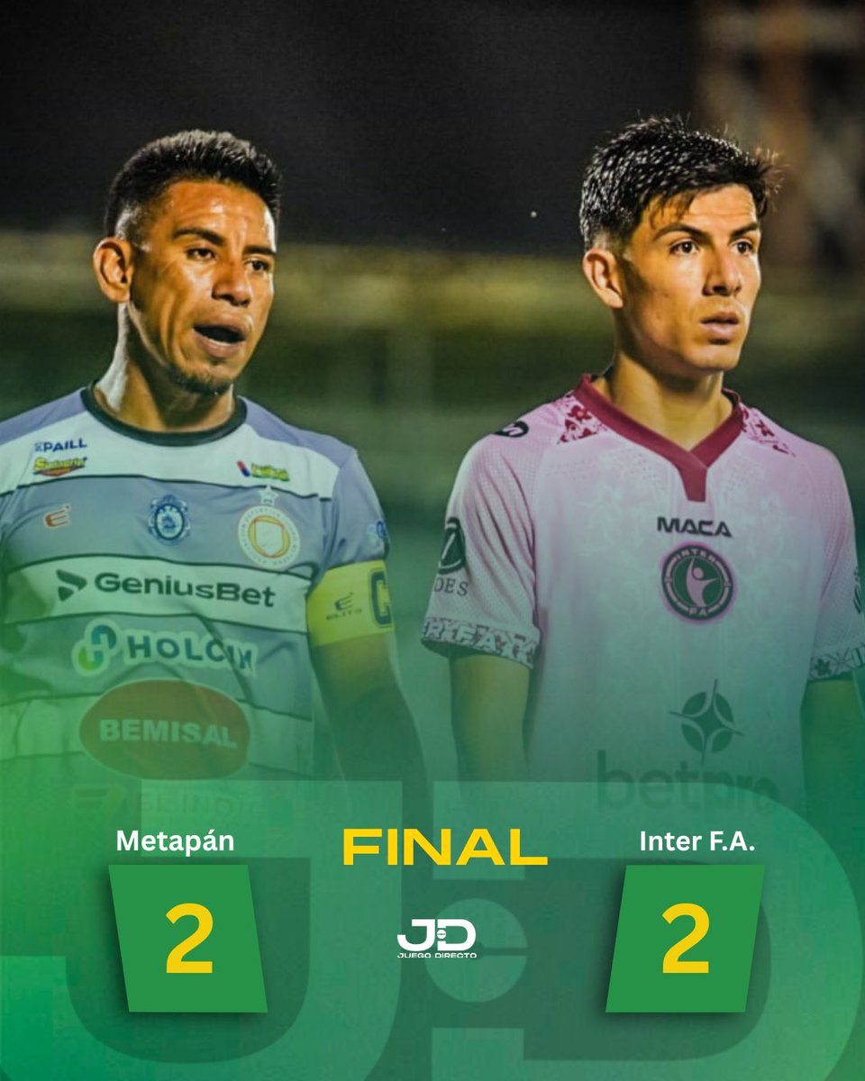 💥 Inter F.A. rescató un partido que perdía 2-0 en el primer tiempo y sumó un punto en el Calero. 

✅ Los dirigidos por Renderos Iraheta lo igualaron con goles de J. Sánchez y Stradella. 

❌ Inter todavía NO GANA en el torneo.