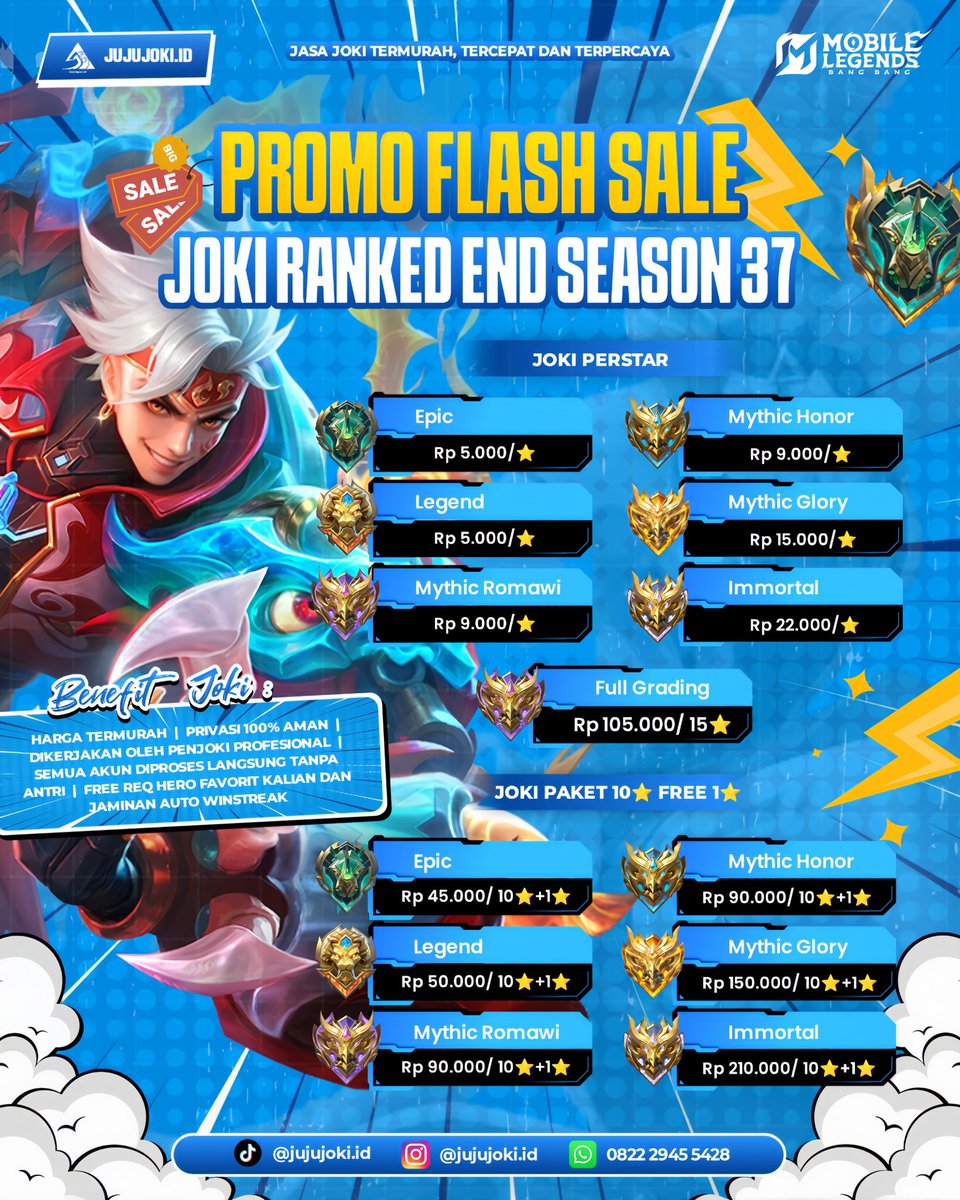jujujoki_id's tweet photo. Promo joki ranked &amp; joki gendong Spesial udah hadir kembali nih kakak2 buat bantuin kejar rank dan winrate impian kalian di End Season 37 ini, dan yg pasti dengan harga yg lebih terjangkau dan aman dikantong dong😎🙌🏻

order ke https://t.co/RUdI2j0Xjf

#zonauang #jokimlbb #jokgen https://t.co/NnJzfKGJBZ