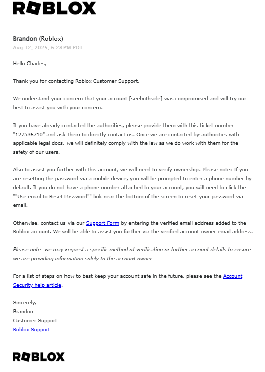 Justinhilly's tweet photo. Roblox claims they lead the world in safety… yet when my son lost his account and $ 20,000 worth of virtual assets, their response was: “Let the authorities contact us.” Pressure for safety starts now. #Roblox #ConsumerSafety https://t.co/kZRMS9wOJr https://t.co/jMJgNJOLHi
