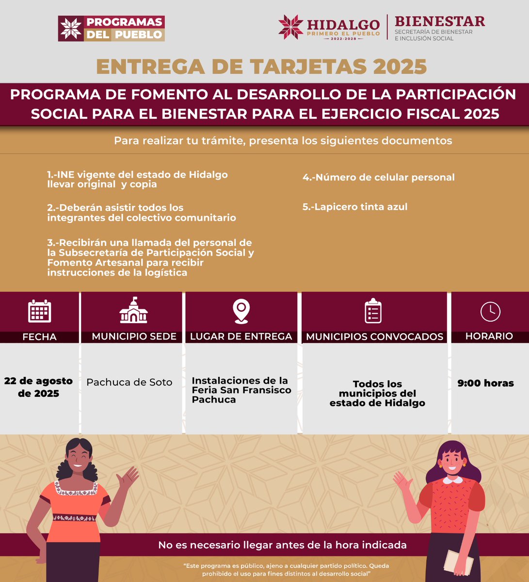 📢 Entrega de tarjetas para artesanos beneficiarios.

Para beneficiarios del Programa de fomento al desarrollo de la participación social 2025.

📍 Deberán presentarse todos los integrantes del colectivo con la documentación señalada.
#SomosBienestar