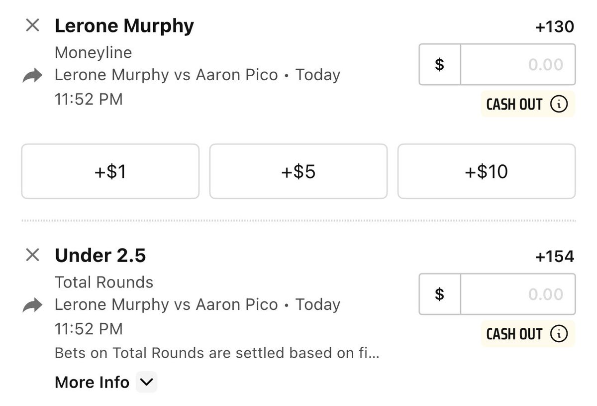 FREEPLAYS 🍀🍀

🥊LERONE MURPHY ML +130
🥊PICO/MURPHY UNDER 2.5 ROUNDS +154

GOOD LUCK IF YOU TAILING 🤞🏽🤞🏽🚀🚀