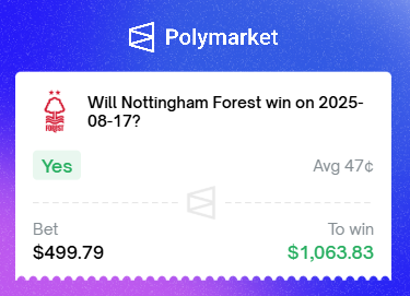 EPL Nottingham Forest FC - Brentford FC. Today I placed a bet of $500 on Nottingham Forest.  

Aston Villa - Newcastle played 0-0 yesterday and my bet lost.😪
<a href="/Polymarket/">Polymarket</a> <a href="/NFFC/">Nottingham Forest</a>
<a href="/PolymarketSport/">Polymarket Sports</a>
#EPL #betting #Nottingham