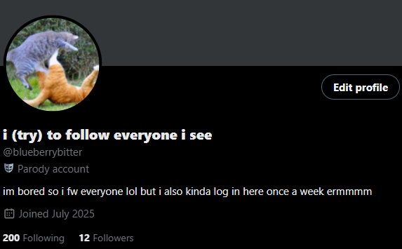 blueberrybitter's tweet photo. didnt know following random ppl with a cats fighting pfp will get me 12 followers like why do u fw me https://t.co/BBsY1fWvzZ